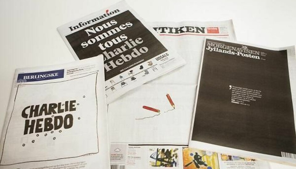 Danske tegnere er rystede over angrebet på Charlie Hebdo Sådan så forsiderne ud på fire danske morgenaviser torsdag. Foto: Erik Refner/SCANPIX