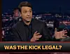 Karate Kid-Ralph Macchio som gæst i The Tonight Show forsvarer og forklarer i ramme alvor, hvorfor det legendariske “the crane kick” var lovligt. Foto: Nipi/NBC/Ritzau Scanpix