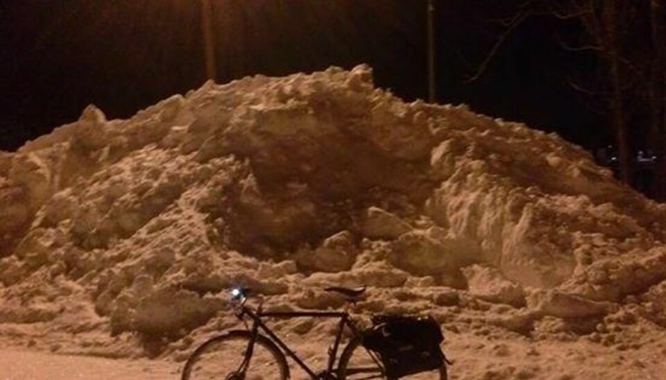 Dette billede lagde Ari Goldberger på Facebook, da han polludselig en dag fandt en gigantisk snedynge på sin normale cykelrute. Hans første plan var at kontakte de lokale myndigheder for at få den til at hjælpe med at fjerne blokeringen, men en tidligere kollega skrev, at han da bare skulle samle en lille flok mennesker med nogle spader og lave sig en tunnel. Som sagt, så gjort… Foto: Facebook