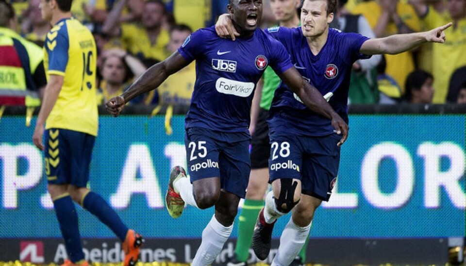 AGF forstærker defensiven Bubacarr Sanneh spillede for FC Midtjylland tidligere i karrieren. Han scorede et mål i en 1-0-sejr ude mod Brøndby i maj 2018, og det var med til at sikre FCM det danske mesterskab i den sæson. (Arkivfoto) Foto: Liselotte Sabroe/Scanpix