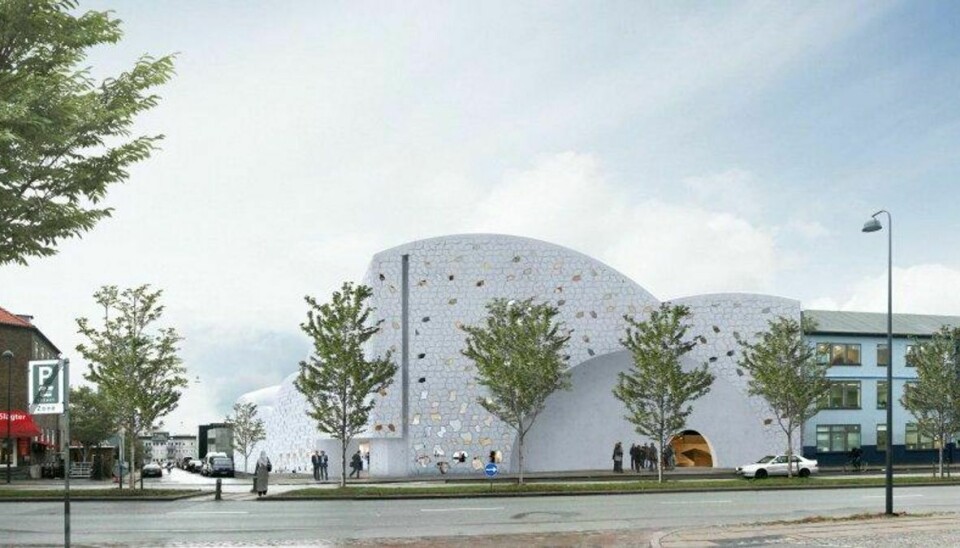 Her er den nye moskes facade ud mod Tomgaardsvej. Visualisering: Henning Larsen Architects