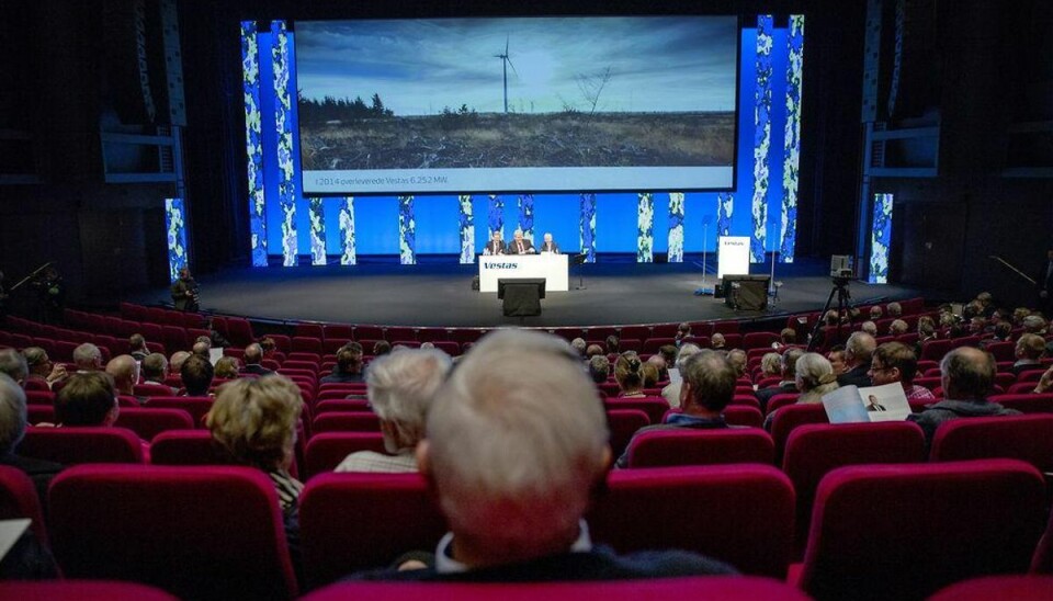 Vestas-formand: Vi er ikke et kedeligt selskab Generalforsamling i Vestas i Muskikhuset i Århus. Bestyrelsesformand Bent Nordberg og Koncernchef Anders Rundevad præsenterede regnskabet. Foto: Brian Rasmussen/Scanpix.