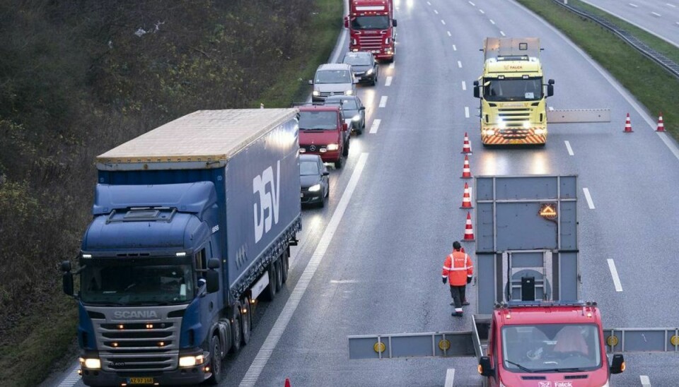 Trafikken bevæger sig langsomt afsted på sønderjyske motorvej. Foto: Claus Fisker/Ritzau Scanpix