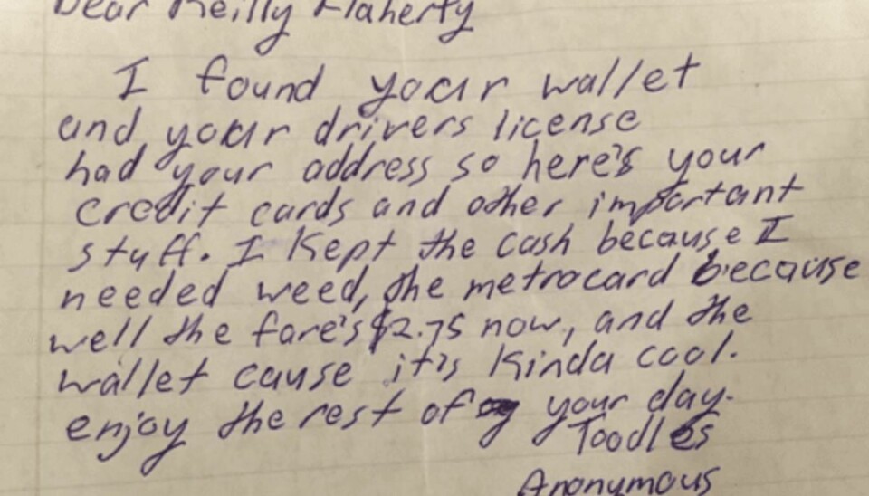 Brevet, som Reilly Flaherty modtog, var sendt fra en mand, der fandt hans pung. Han beholdt dog et par ting. Foto: Instagram