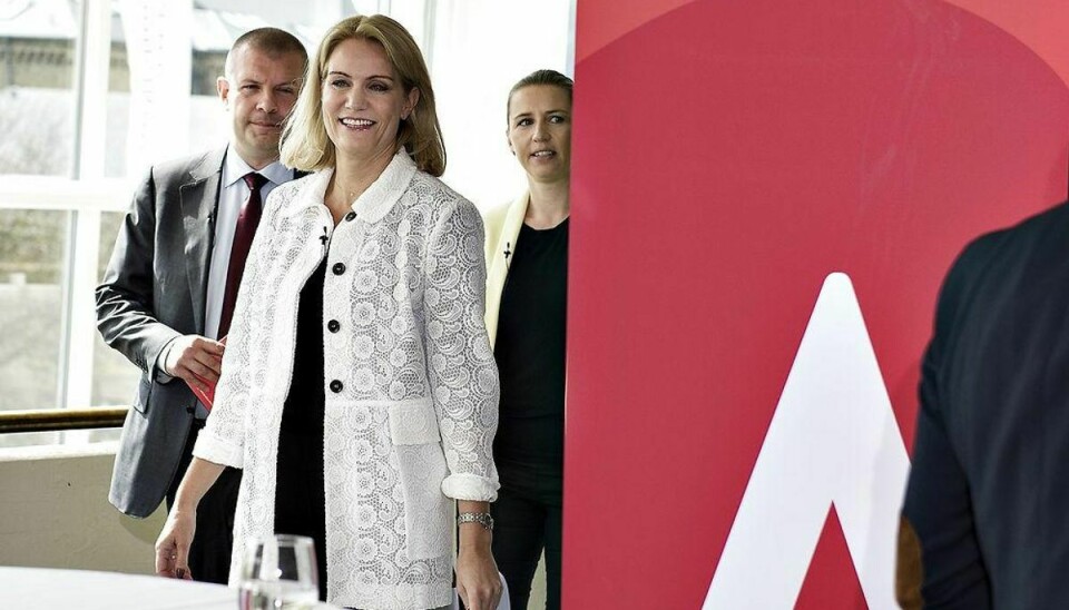 Helle Thorning-Schmidt, Bjarne Corydon og Mette Frederiksen ankommer fredag d. 29 maj 2015 til pressemøde i Musikhuset i Aarhus for at fremlægge partiets valggrundlag. (Foto: Henning Bagger/Scanpix 2015)