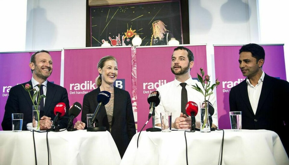 Radikale Venstre med Martin Lidegaard, Sofie Carsten Nielsen, Morten Østergaard og Manu Sareen holder pressemøde om folketingsvalg onsdag den 27. maj 2015.