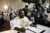 Sidi Brahim Ould Sidati of the Coordination of Movements for Azawad signs a peace agreement in Bamako, Mali, June 20, 2015. An alliance of Tuareg-led rebels and the Malian government signed a peace deal on Saturday meant to draw a line under a 2012 uprising and allow the authorities to focus on tackling Islamist militants in the desert north. REUTERS/Stringer