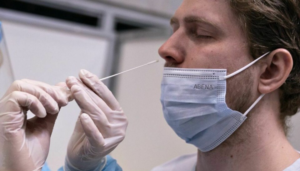 Lyntest bliver foretaget ved at stikke en podepind op i næsen, mens pcr-test er med en podepind i halsen. Foto: Henning Bagger/Scanpix.
