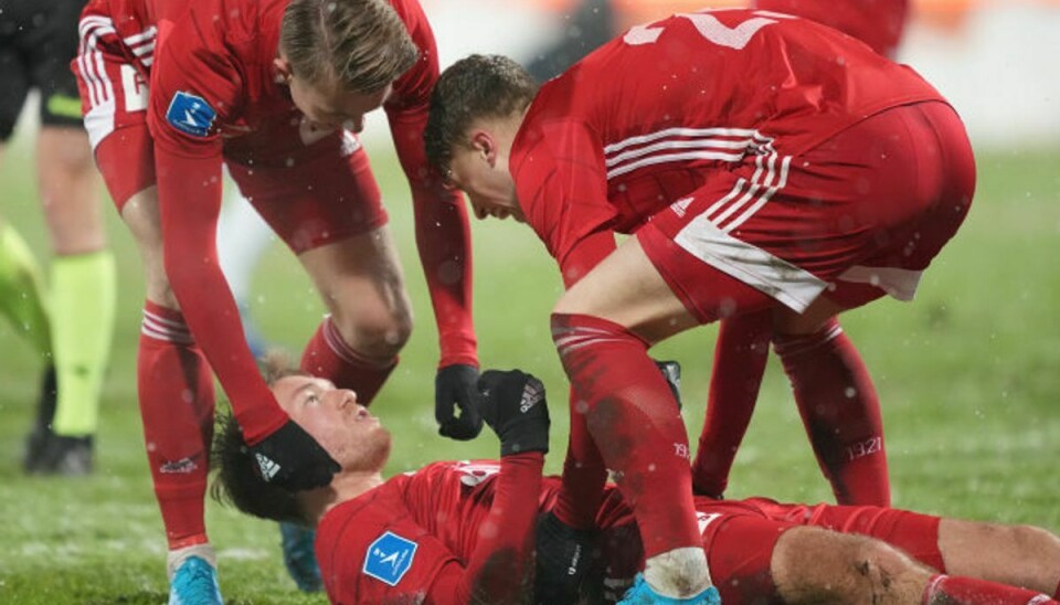 Lyngby kunne fejre målet, der gav en kneben sejr på 1-0 ude over OB. Foto: Claus Fisker/Scanpix