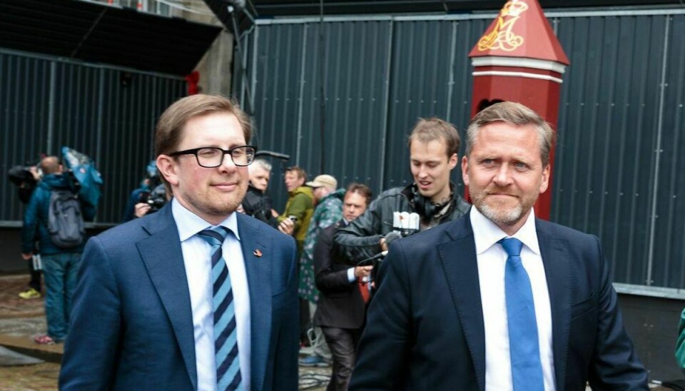 Copenhagen, Denmark. 19th June 2015 – – Simon Emil Ammitzbøll and Anders Samuelsen (Liberal Alliance). – – Representatives from all the Danish political parties met with the Queen at Amalienborg Palace after the general elections. Lars Lokke Rasmussen (Venstre) was officially appointed by the Queen to start negotiations and form a new government.