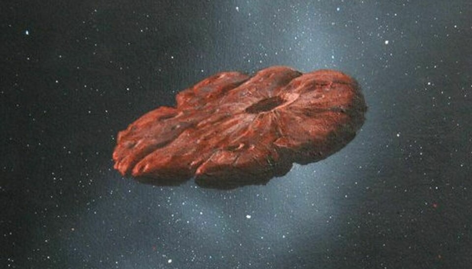 I et nyt studie fremfører forskere en teori om, at “Oumuamua” i højere grad er formet som en cookie end en cigar. Her ses en kunstnerisk gengivelse. KLIK FOR FLERE BILLEDER. Foto: William Hartmann/Scanpix