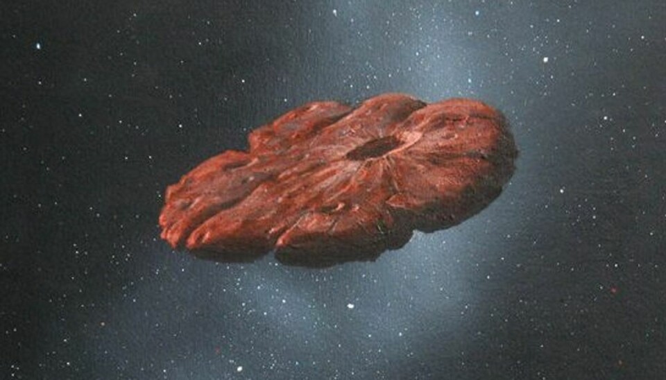 I et nyt studie fremfører forskere en teori om, at “Oumuamua” i højere grad er formet som en cookie end en cigar. Her ses en kunstnerisk gengivelse. KLIK FOR FLERE BILLEDER. Foto: William Hartmann/Scanpix I et nyt studie fremfører forskere en teori om, at “Oumuamua” i højere grad er formet som en cookie end en cigar. Her ses en kunstnerisk gengivelse. KLIK FOR FLERE BILLEDER. Foto: William Hartmann/Scanpix