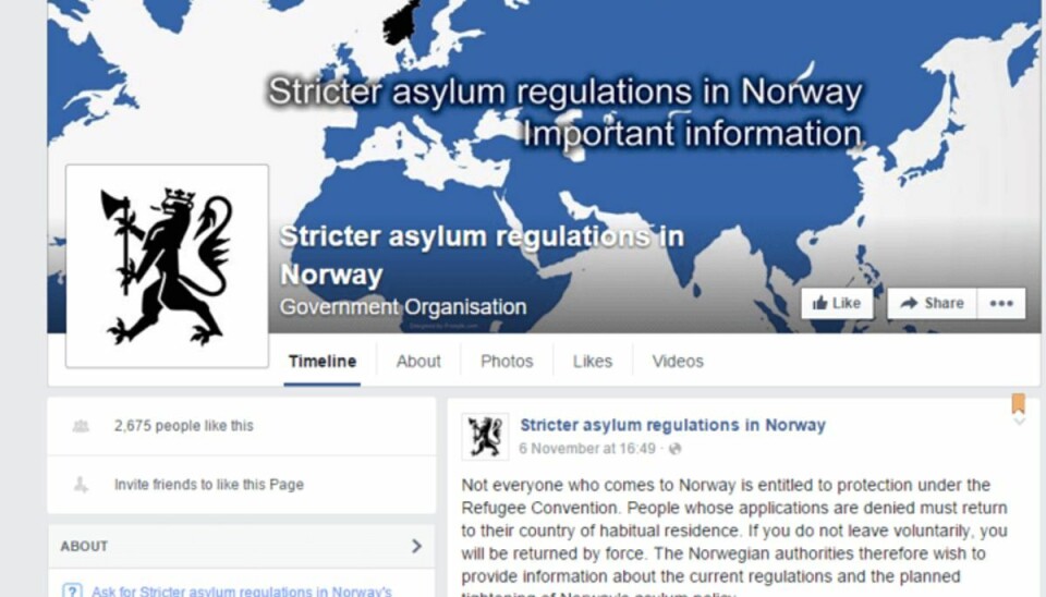 Facebook-side skal afskrække asylansøgere Norge vil skræmme asylsansøgere fra at komme til landet. Foto: Screendump