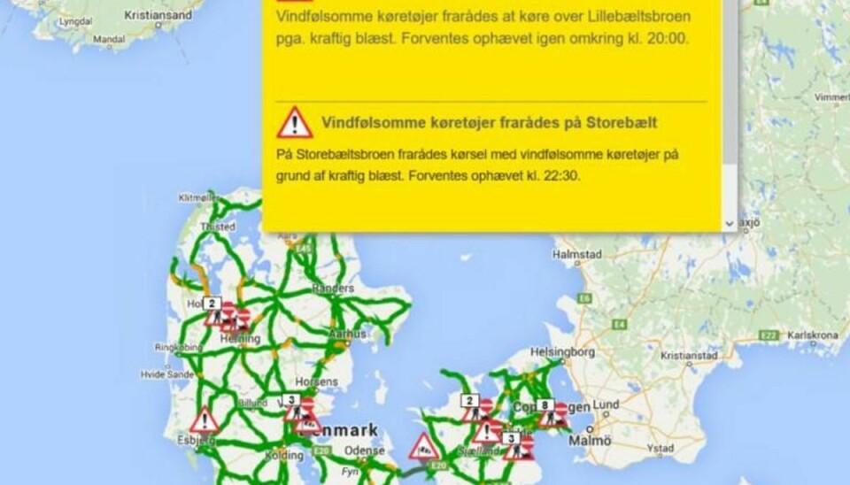 Vejdirektoratet advarer bilister med vindfølsomme køretøjer. Foto: trafikken.dk