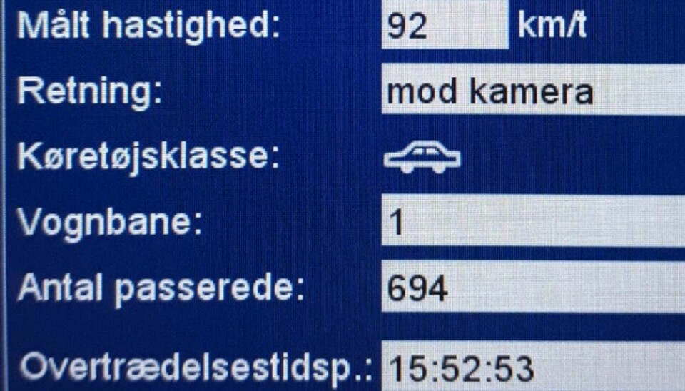 Hurtige påskebilister blitzet 92 i en 60-zone. Det koster et klip. Foto: Syd- og Sønderjyllands Politi.
