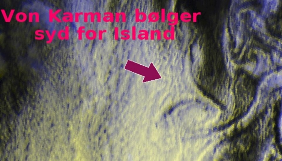 Von Kármán-bølger syd for Island 5. april. Foto: DMI. Von Kármán-bølger syd for Island 5. april. Foto: DMI.
