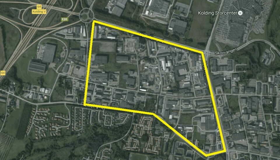 Et kemikalieudslip har fået politiet til at oprette en sikkerhedszone i Kolding. Foto: Google Maps