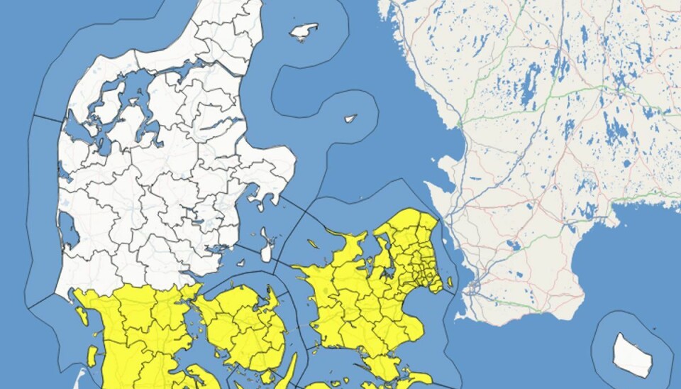 Dette område rammes hårdest fra omkring klokken 18. Foto: DMI. Dette område rammes hårdest fra omkring klokken 18. Foto: DMI.
