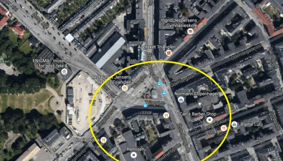 Området Trianglen(Østerbrogade er lige nu afspærret på grund af fundet af to gamle håndgranater. Foto: Google Maps.