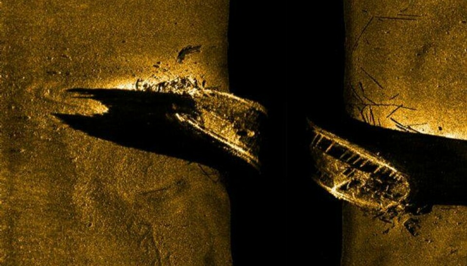 En sonar-scanning viser en af de to skibe, der forsvandt for mere end 160 år siden, da Sir John Franklins ekspedition led en grum skæbne. Foto: Handout/AFP