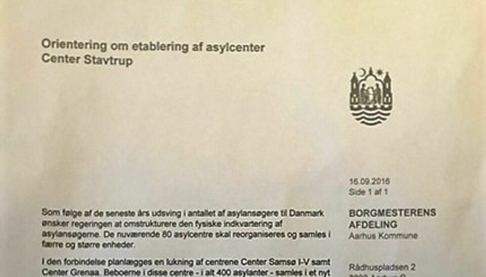 Dette er det falske brev, der omtaler et nyt asylcenter i Stautrup. Foto: Aarhus Kommune.