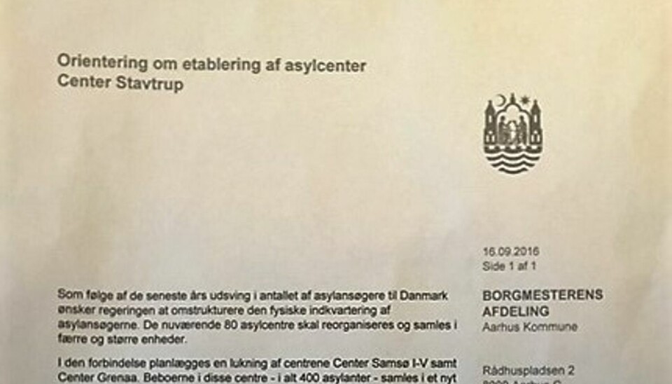 Falsk brev om asylcenter sendt til beboere Dette er det falske brev, der omtaler et nyt asylcenter i Stautrup. Foto: Aarhus Kommune.