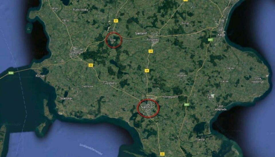 Lørdag fik politiet anmeldelser om i alt fire forsøg på tricktyverier – tre i Næstved og en enkelt i Sorø. Foto: Google Earth.
