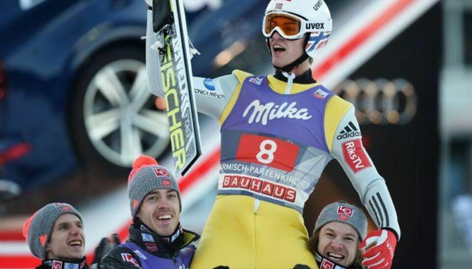 Det blev til norsk succes i Garmisch-Partenkirchen søndag, da den traditionsrige skihopkonkurrence blev vundet af Daniel André Tande. Foto: Christof Stache/AFP