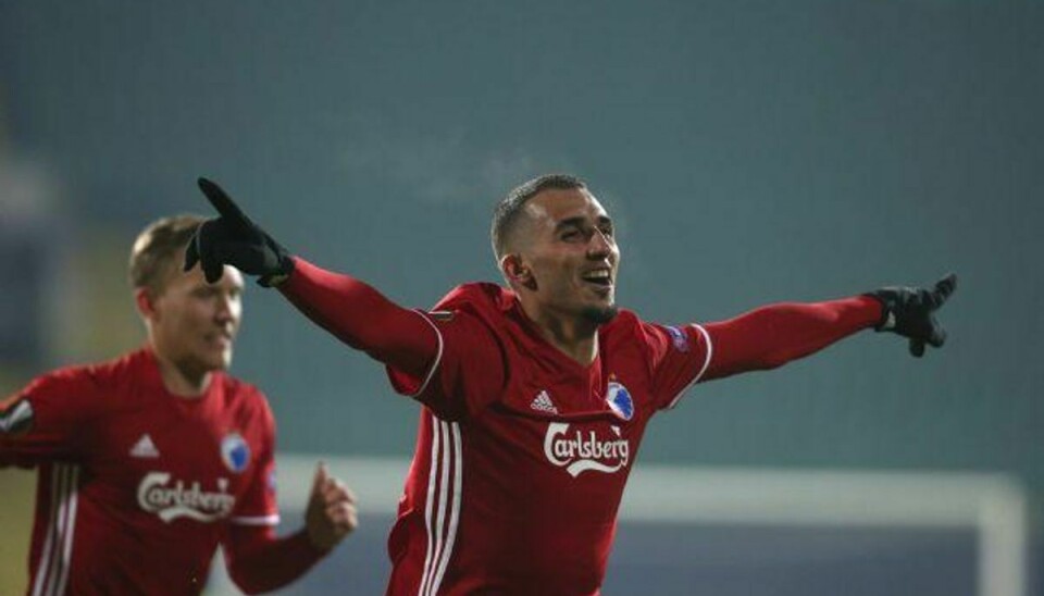 FC København-spilleren Youssef Toutouh fejrer sit mål til 2-0 på udebane mod Ludogorets i Sofia. Foto: Dimitar Kyosemarliev/Reuters