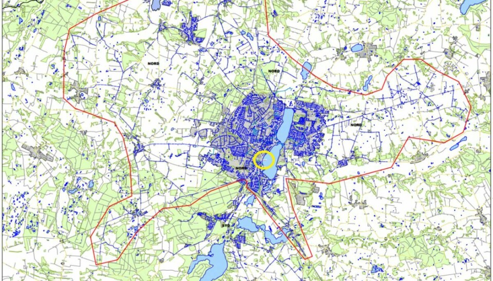 Her kan du se det berørte område. Den gule cirkel viser Regionshospitalets placering i byen. Foto: Energi Viborg.