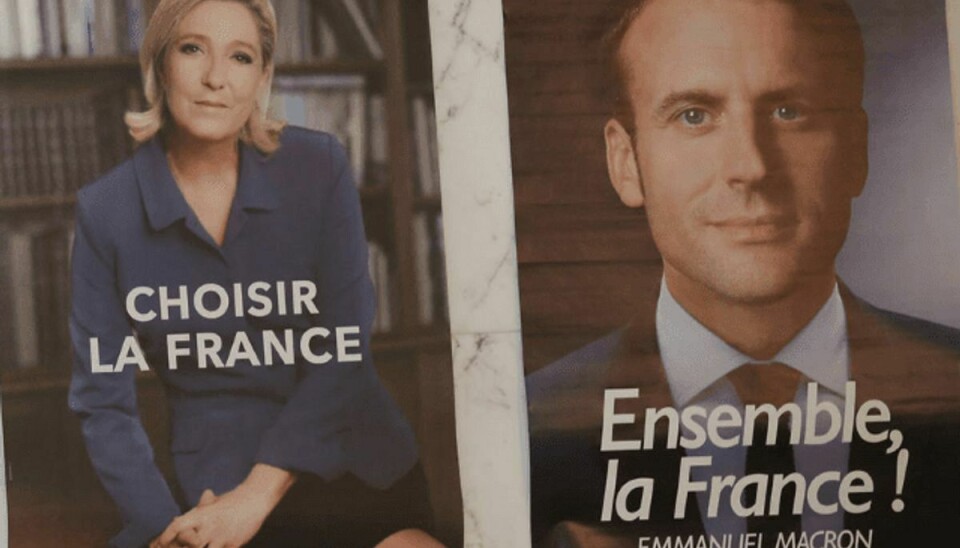 De franske vælgere skal søndag 7. maj beslutte, om det bliver den uafhængige centrumkandidat Emmanuel Macron eller den EU- og indvandrerkritiske Marine Le Pen, der skal være landets næste præsident. Foto: Scanpix.