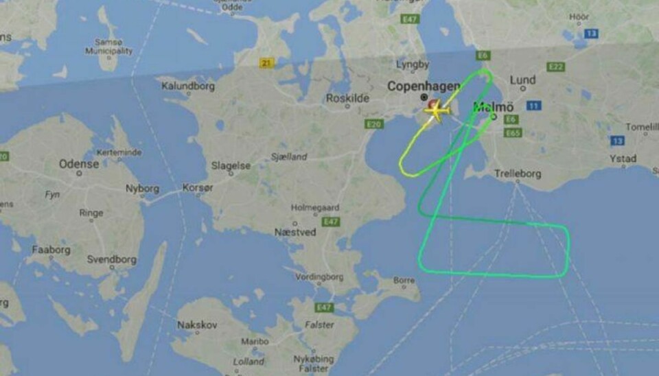 Flyet kredsede rundt over Øresund i næsten en time. Foto: Flightradar24.com.