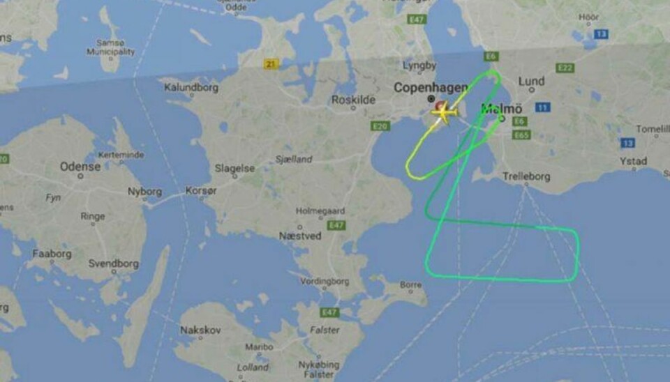 Flyet kredsede rundt over Øresund i næsten en time. Foto: Flightradar24.com.