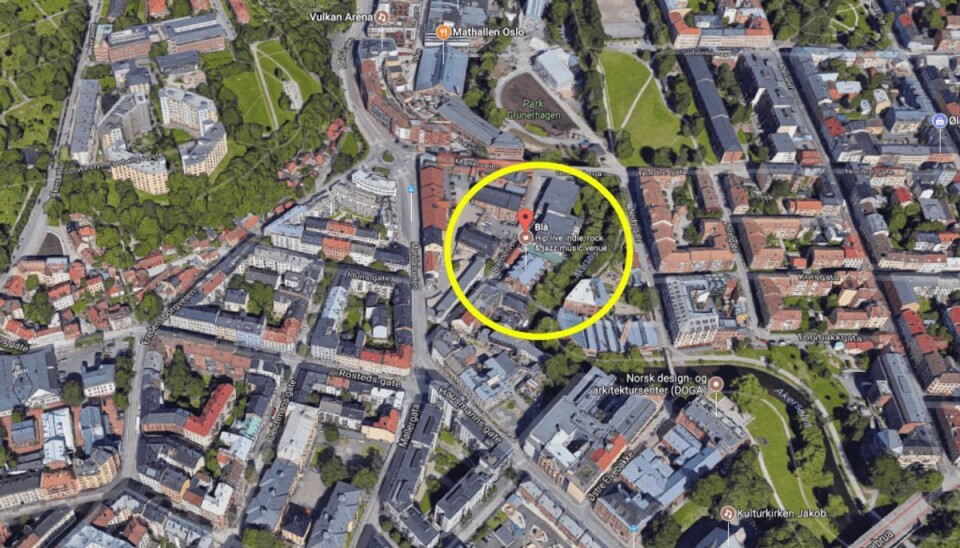 Fire personer er ramt af skud ved spillested i Oslo Skyderiet fandt sted ved spillestedet Blå i det centrale Oslo. Foto: Google Maps