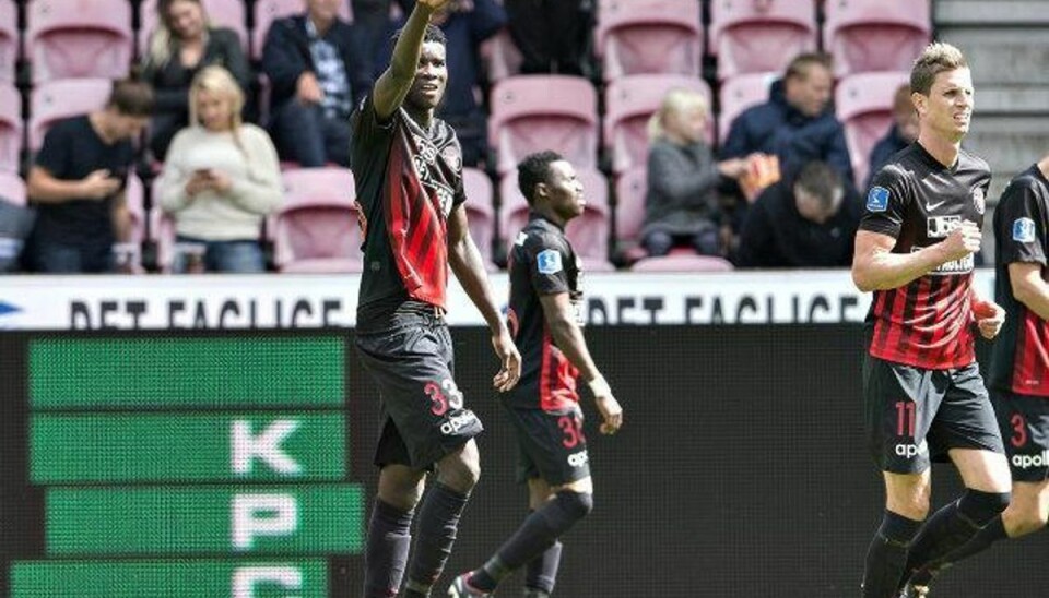 Sandt målorgie: FCM og FCN tog halvleg hver Paul Onuachu scorede to gange for FC Midtjylland, der søndag besejrede FC Nordsjælland i et målrigt opgør i Alka Superligaen. Foto: Henning Bagger/Scanpix