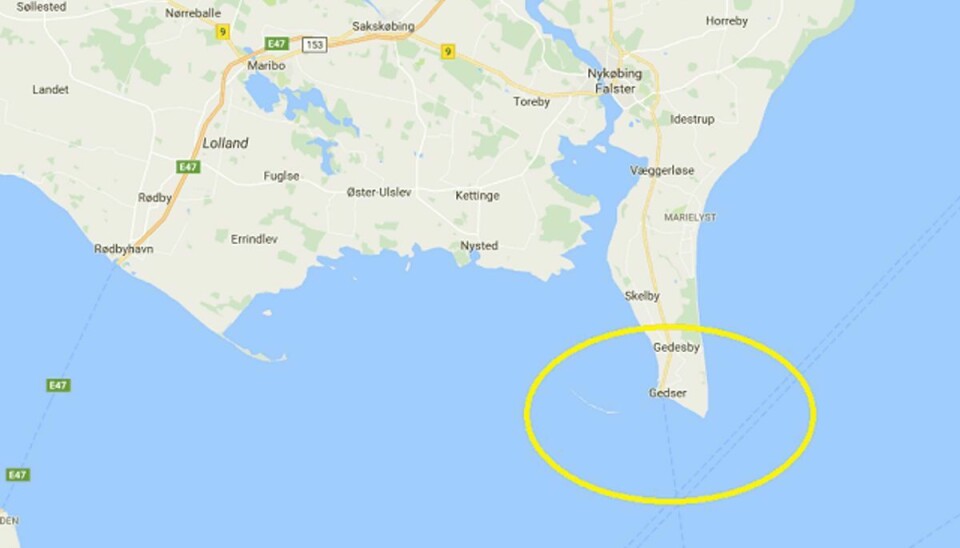 Det er her ved Gedser på Falster fragtskibet er grundstødt. Foto: Google Maps.