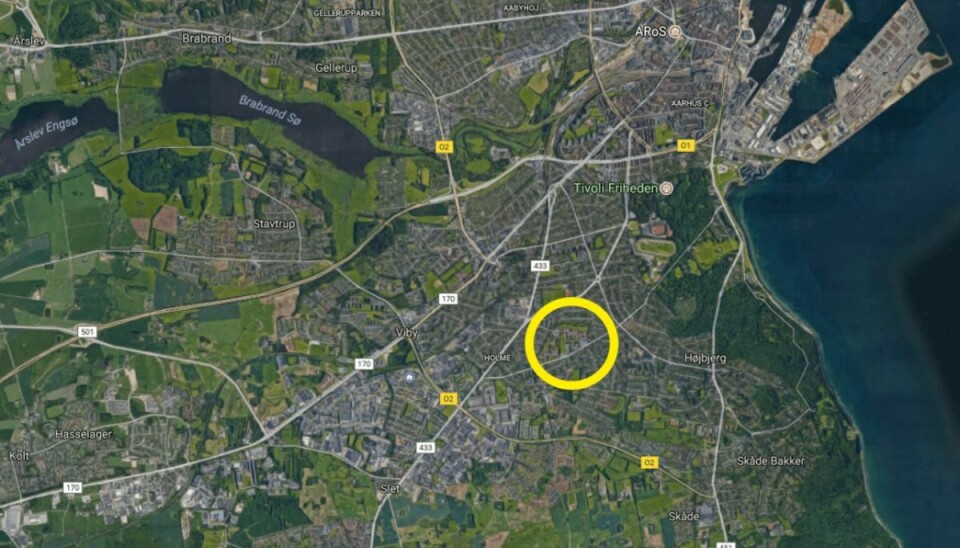 Hændelsen fandt sted på Rundhøj Allé i det sydlige Aarhus. Foto