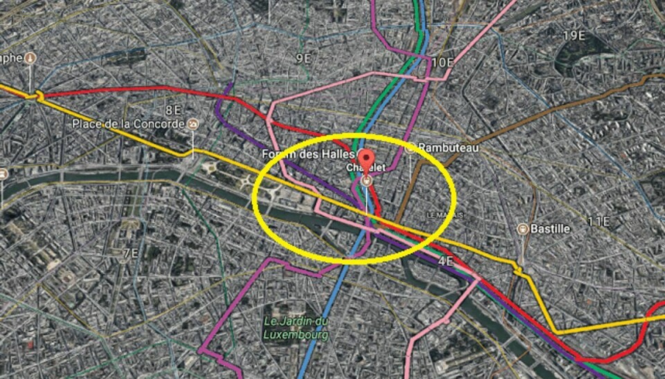 Det er angiveligt her, ved Châtelet-metrostationen i Paris, angrebet på soldaten har fundet sted. Foto: Google Maps.