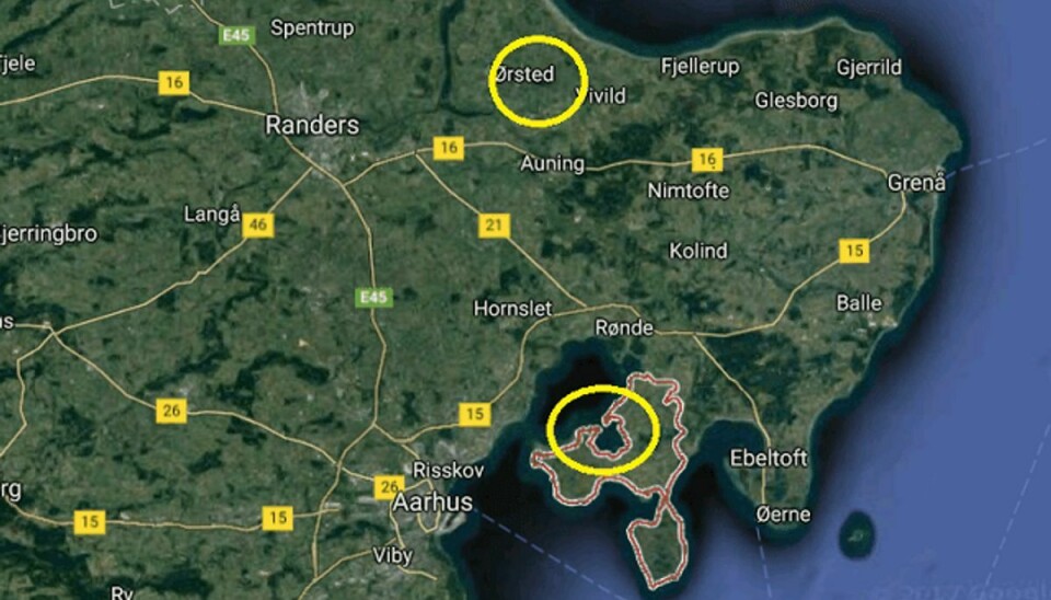 Det er i byerne Ørsted og Knebel, man ikke skal drikke vandet. Foto: Google Maps.