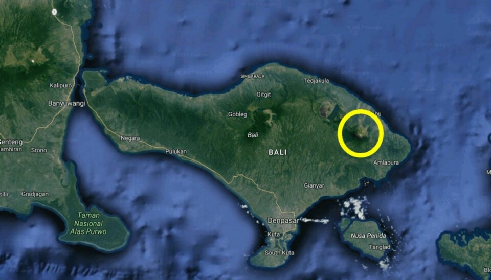 10.000 personer er blevet evakueret i området omkring vulkanen Agung på det nordøstlige Bali. Foto: Google Maps