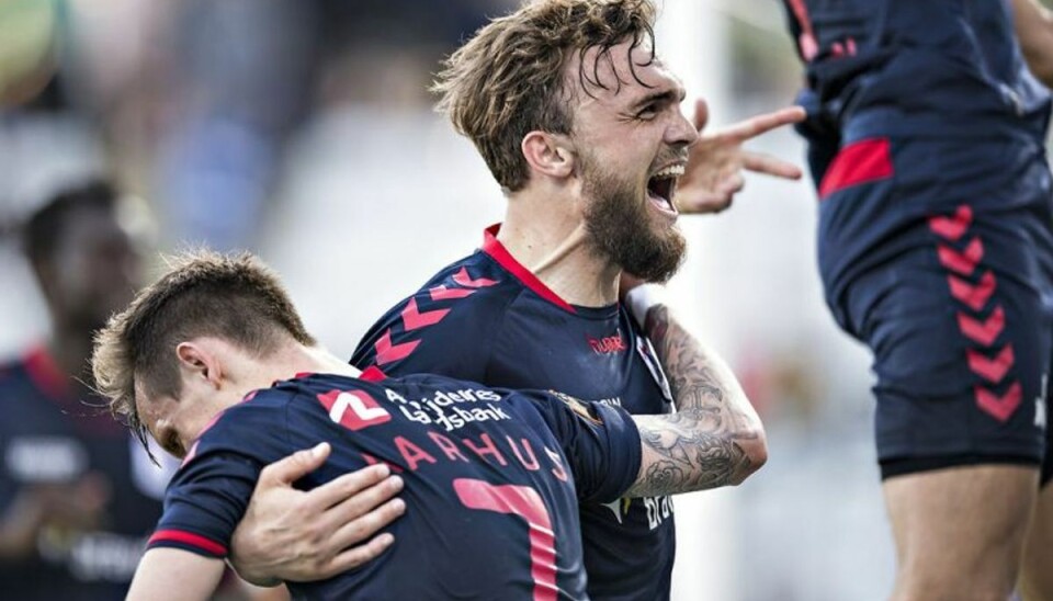 AGF kastede solid føring overbord Pierre Kanstrup (AGF – 23) jubler over sejren. Alka Superliga OB – AGF – EWII Park Odense. Søndag 13. maj 2018.. (Foto: Claus Fisker/Ritzau Scanpix)