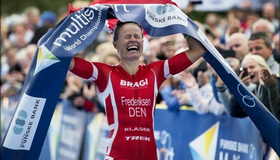 Den danske triatlet Helle Frederiksen vinder VM i triatlon på den lange distance på hjemmebane i Odense. Foto: Birgitte Carol Heiberg/Scanpix