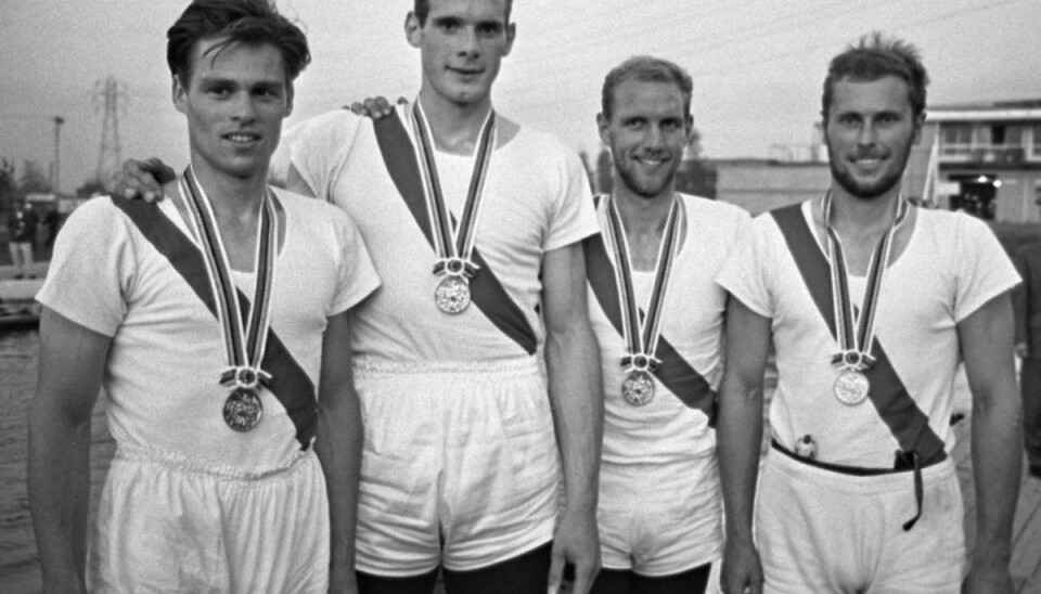 John Ørsted, Erik Petersen, Kurt Helmuth og Bjørn Hasløv vandt guld ved OL i Tokyo i 1964. Foto: Scanpix.