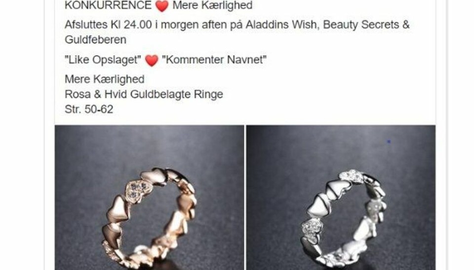 Sådan ser et af de mange opslag om konkurrencer ud. I tekstfeltet ses det, at konkurrencen afsluttes på både Aladdins Wish, Beauty Secrets og Guldfeberen. Foto: Screenshot Sådan ser et af de mange opslag om konkurrencer ud. I tekstfeltet ses det, at konkurrencen afsluttes på både Aladdins Wish, Beauty Secrets og Guldfeberen. Foto: Screenshot