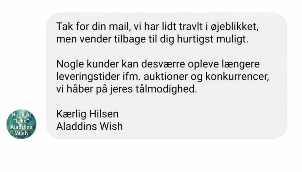 Anne-Mette Sørensen får et standardiseret autosvar på Facebook, når hun forsøger at kontakte Aladdins Wish. Foto: Screenshot