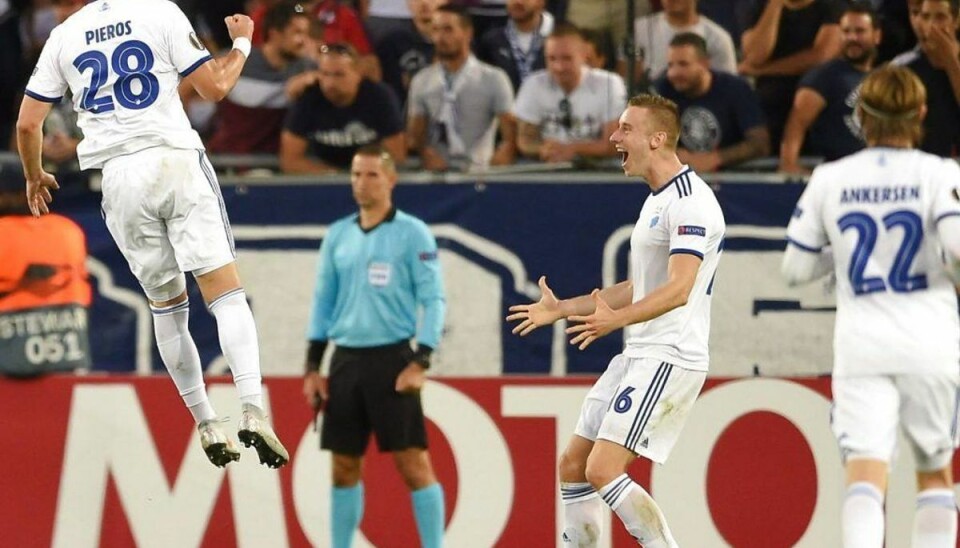 Vanvittig aften i Frankrig: FCK gør det umulige Pieros Sotiriou scorede det ene af FCK’s to mål. Foto: NICOLAS TUCAT / AFP.