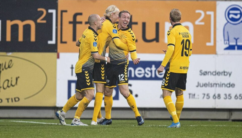 Rune Frantsen bragte AC Horsens foran 1-0 mod Silkeborg i opgøret i 3F Superligaen lørdag. Foto: Claus Fisker/Scanpix