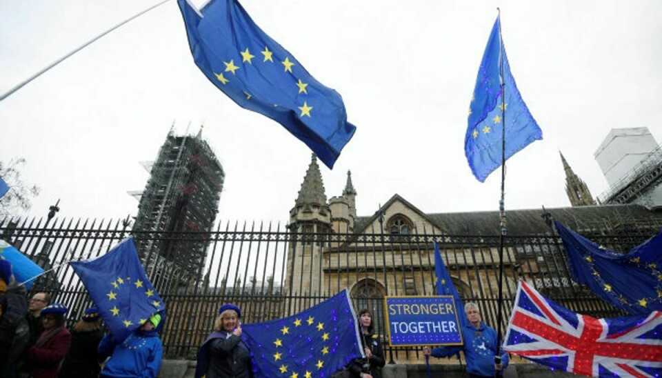 Brexitmodstandere protesterer uden for det britiske parlament torsdag 30. januar, dagen inden briterne forlader EU. Foto: Toby Melville/Reuters