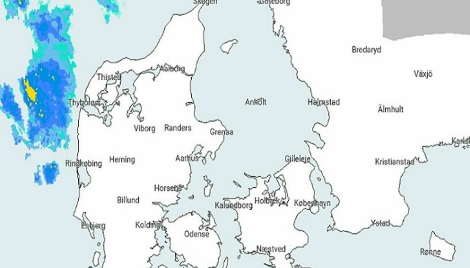 Der er regn på vej ind over landet. Det vil dog holde sig til den nordlige del af Jylland. Foto: DMI.