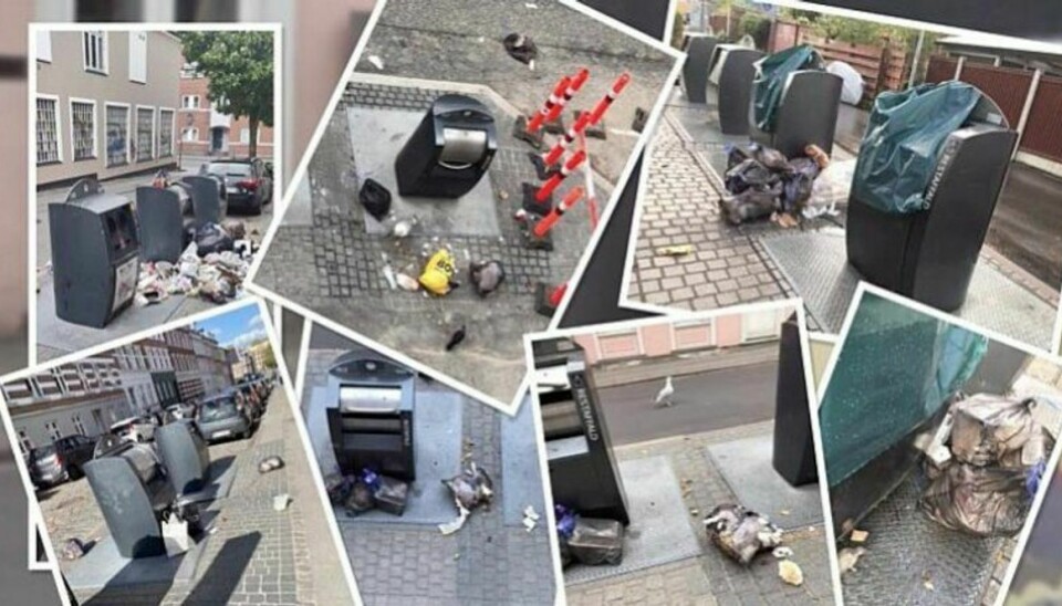 Ophobning af affald skyldes ifølge beboerne dels at de underjordiske affaldscontainere bliver overfyldt og dels at skakterne bliver blokeret. – Foto: Facebook-gruppen “Øgadernes beboere”/TV2 Østjylland.
